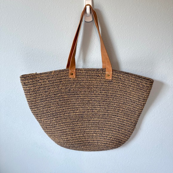 Unbranded Handbags - Neutral Cottagecore boho chic Blue Tan Woven Fiber Leather Strap Tote Bag Larg